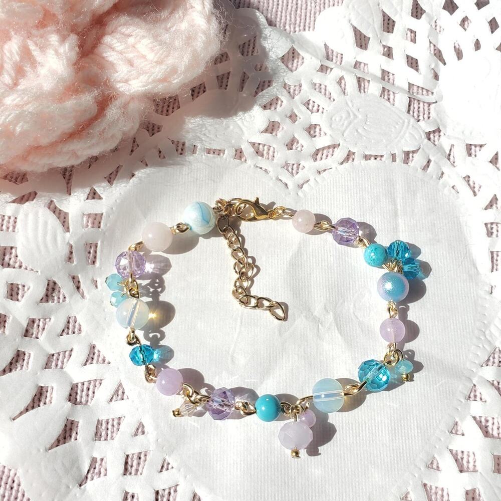 Celestial pastel blue and purple beaded gold bracelet